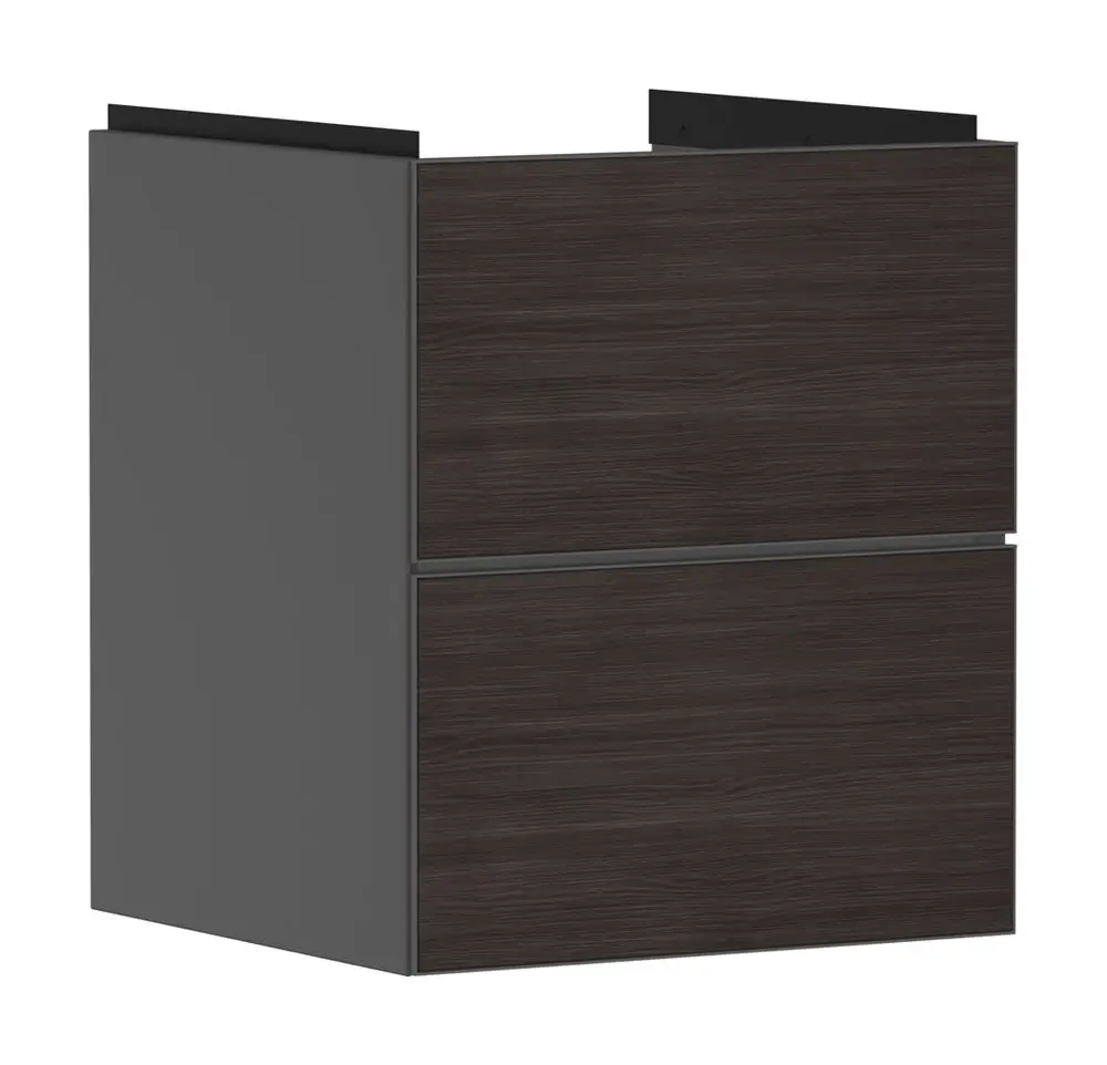 Waschtischunterschrank in Schiefergrau mit zwei Schubkästen, geeignet für Handwaschbecken, hergestellt von Hansgrohe. Modernes Design für Badezimmer.